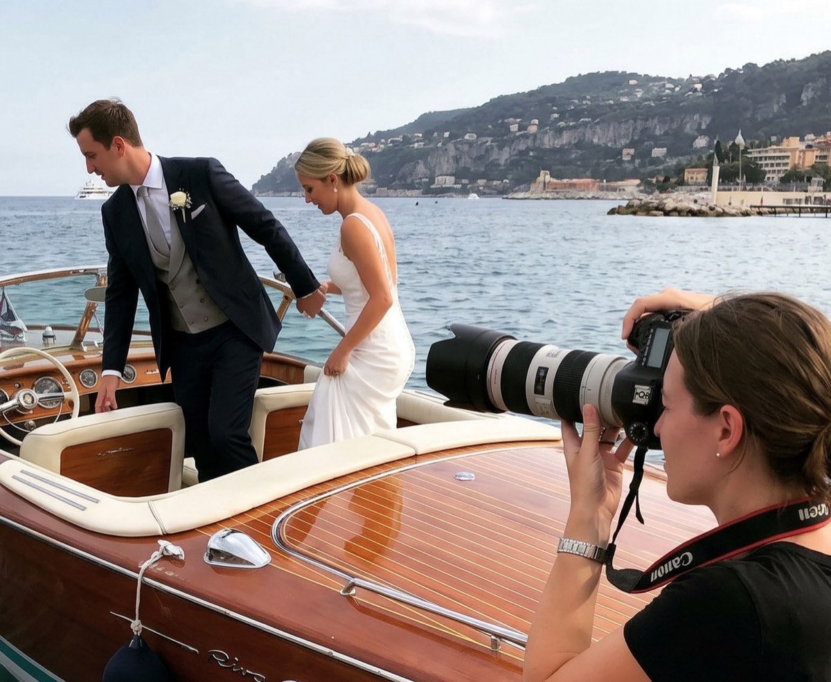 Wedding photographer at a Riva boat embarkation