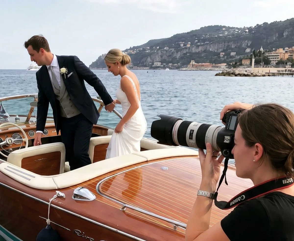 Wedding photographer at a Riva boat embarkation