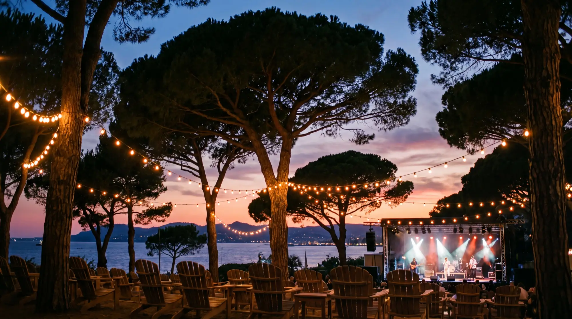 Umbrella pines and evening light on the seafront at Juan-les-Pins