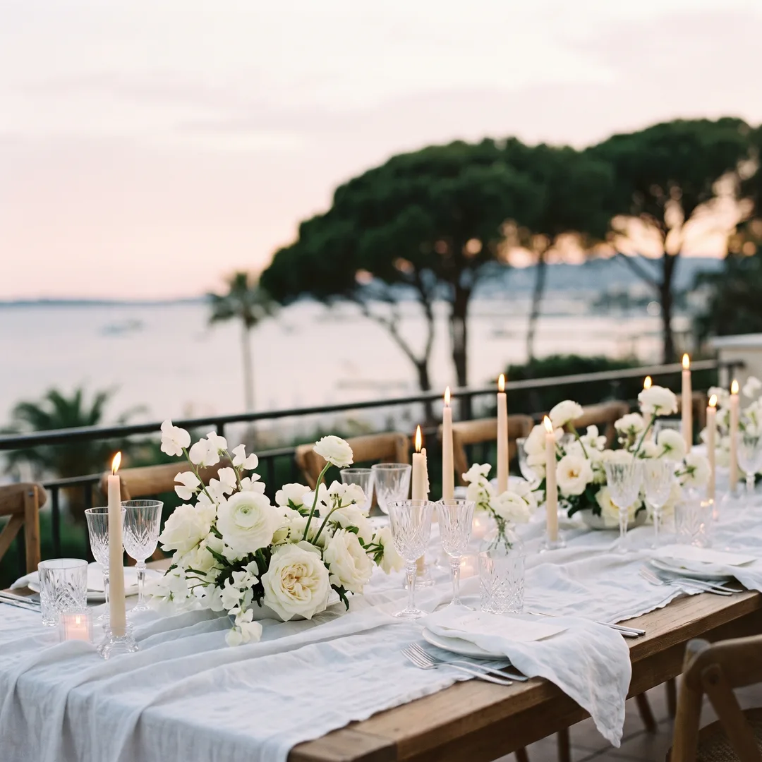 A wedding dinner table set on a seafront terrace in Juan-les-Pins at dusk, white flowers and candles, the bay behind