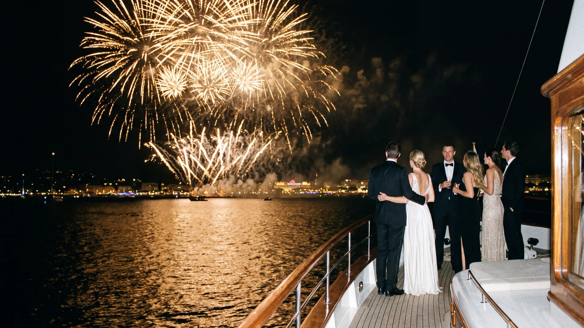 Friends in evening wear watching fireworks over the bay of Cannes from the deck of a boat