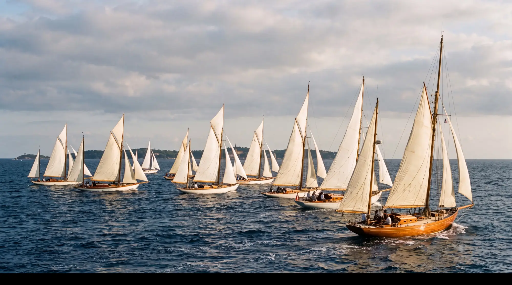 Classic wooden yachts under sail in the bay of Cannes in September