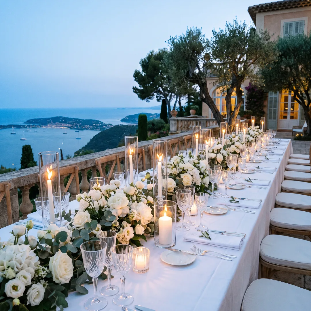 A long wedding dinner table dressed in white flowers and candles on a villa terrace above the sea at dusk on Cap Ferrat