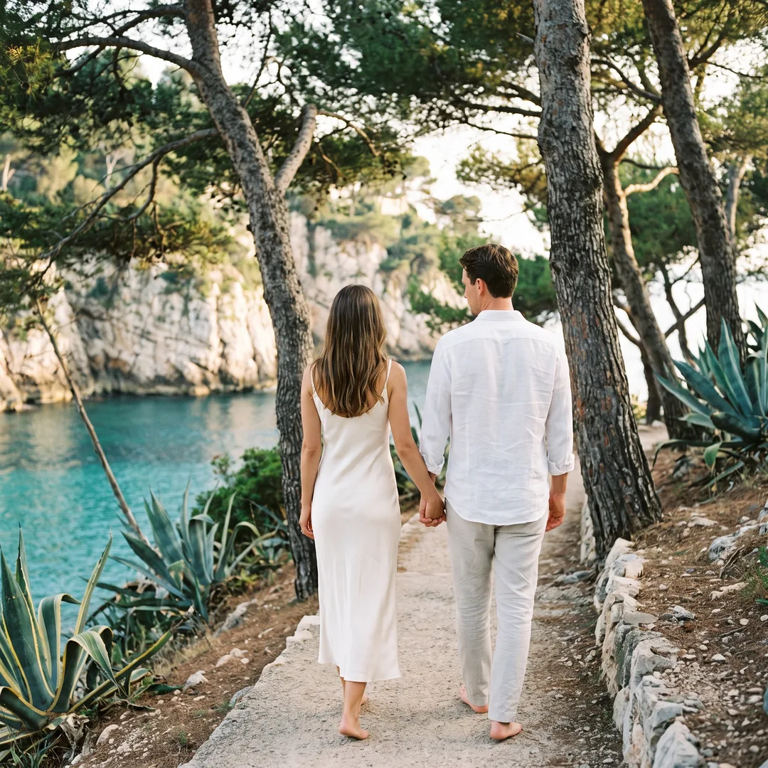 A bride and groom walking hand in hand on a coastal path among pines above turquoise water on Cap Ferrat in late afternoon light