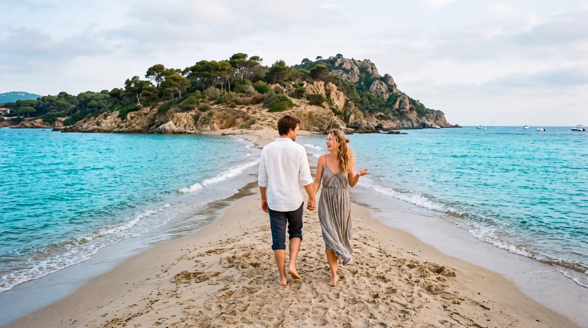 A couple walking barefoot on the sandy isthmus of Cap Taillat, turquoise water on both sides