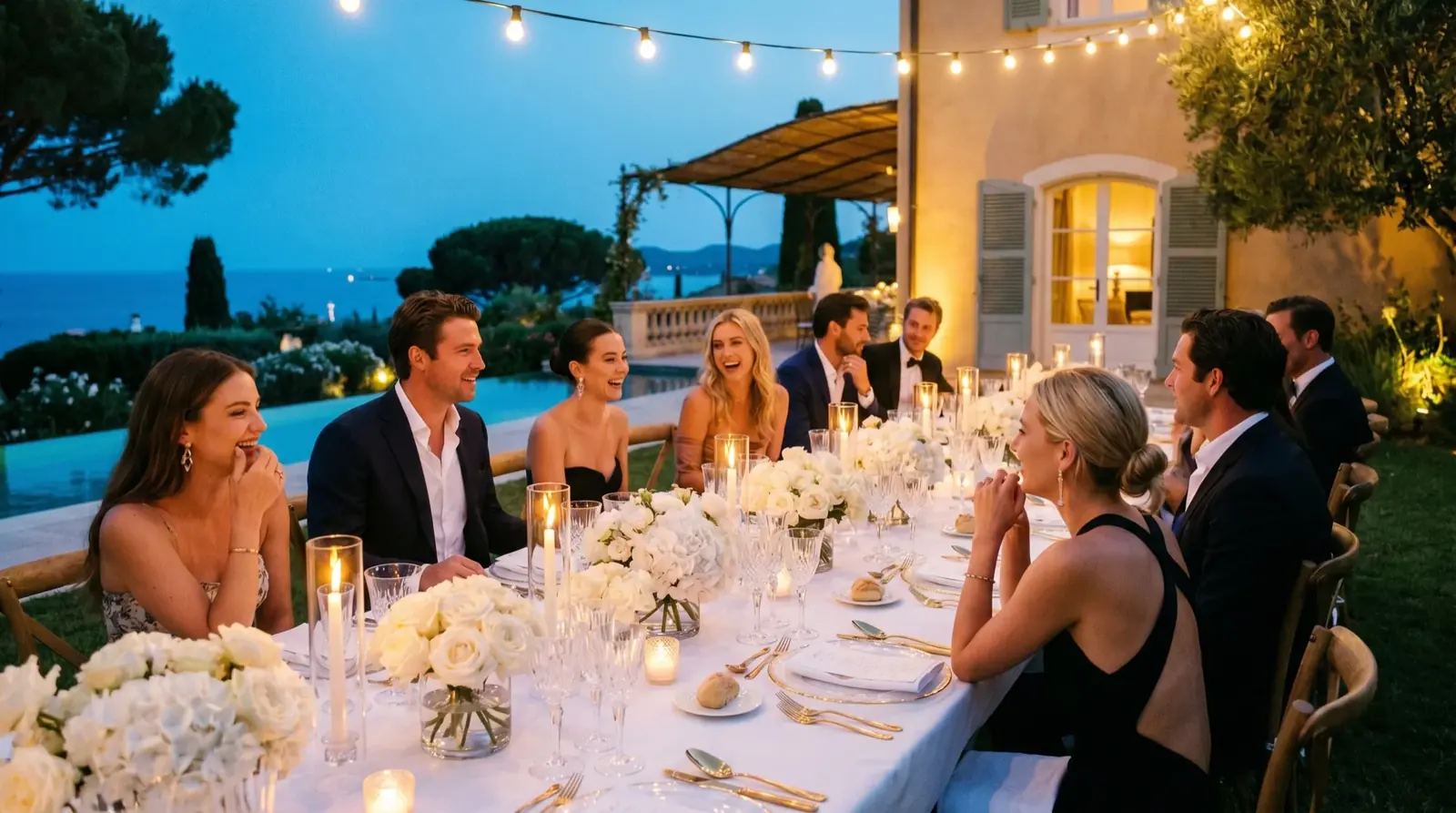 A private party photographed at blue hour on a French Riviera terrace