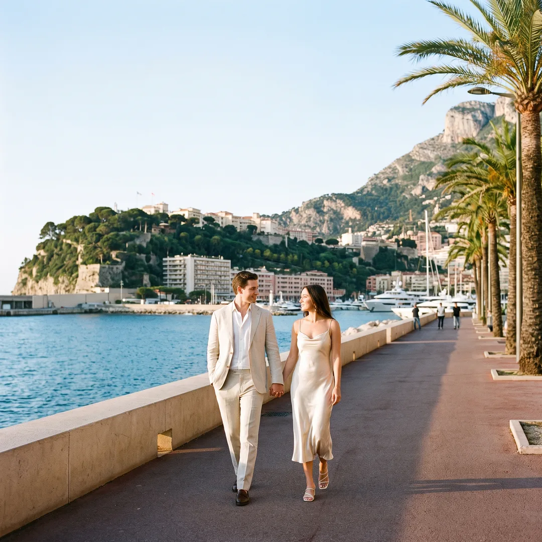 A couple in light spring clothes walking along a palm-lined seafront promenade in Monaco in the morning, the sea and hillside behind them
