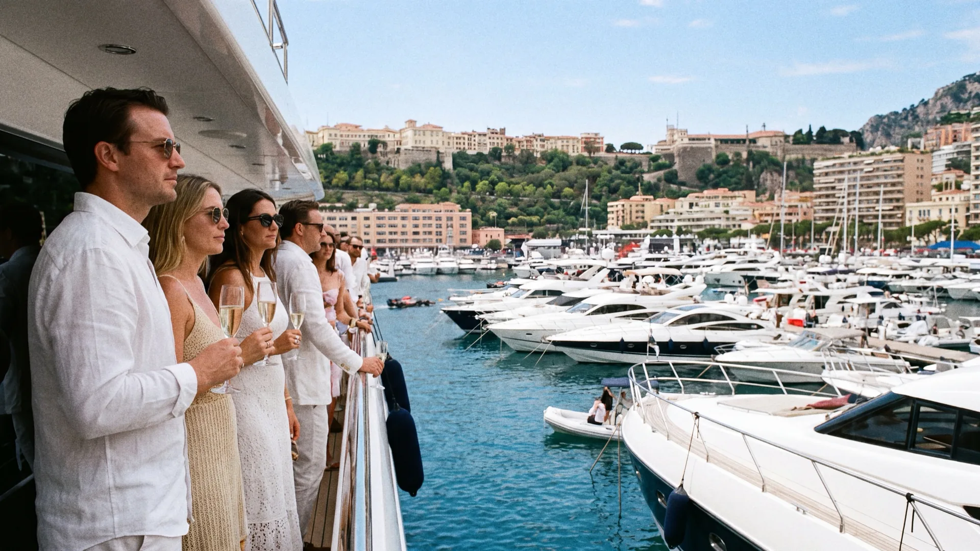 Guests in white linen watching the race from the aft deck of a yacht moored in Port Hercule, Monte-Carlo behind