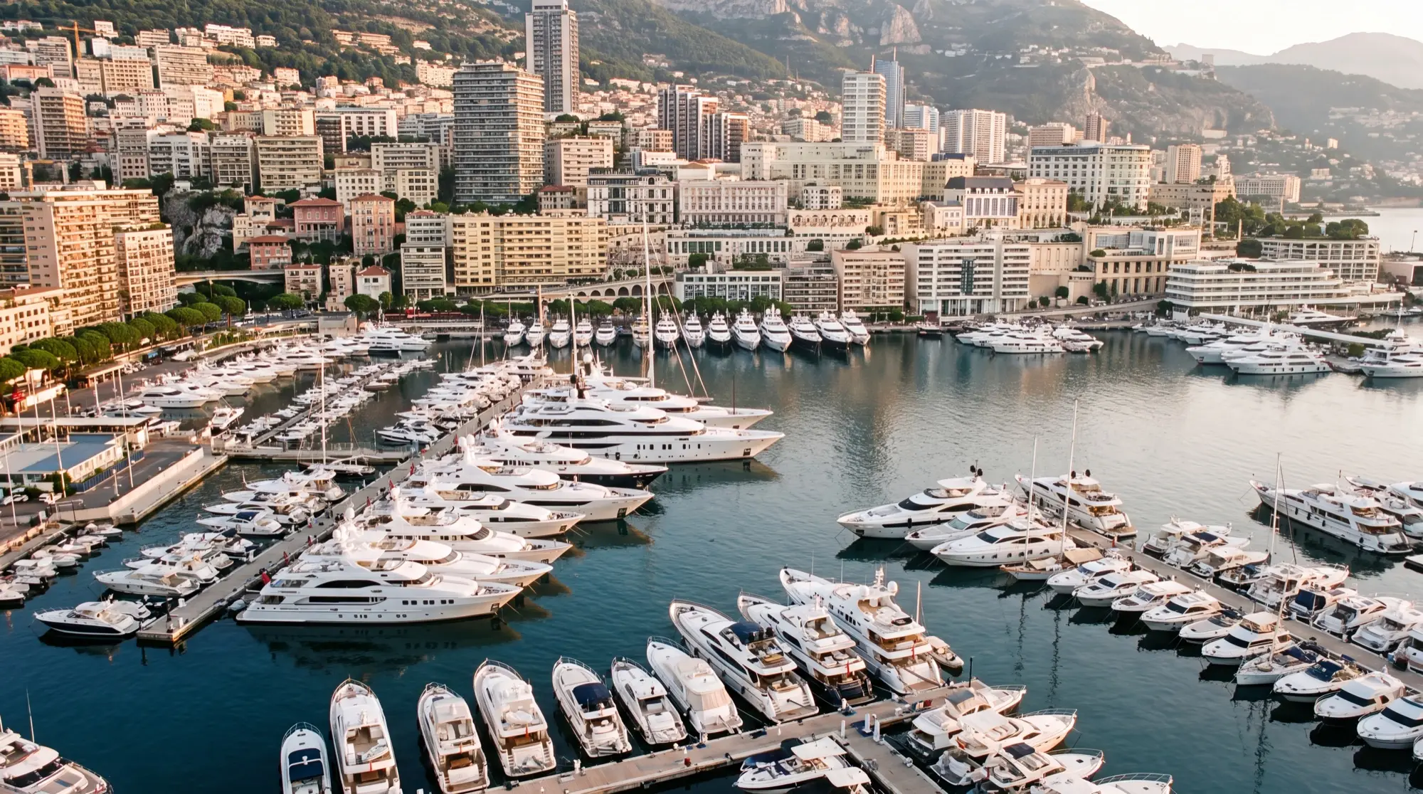 Superyachts filling Port Hercule in Monaco seen from the rock above