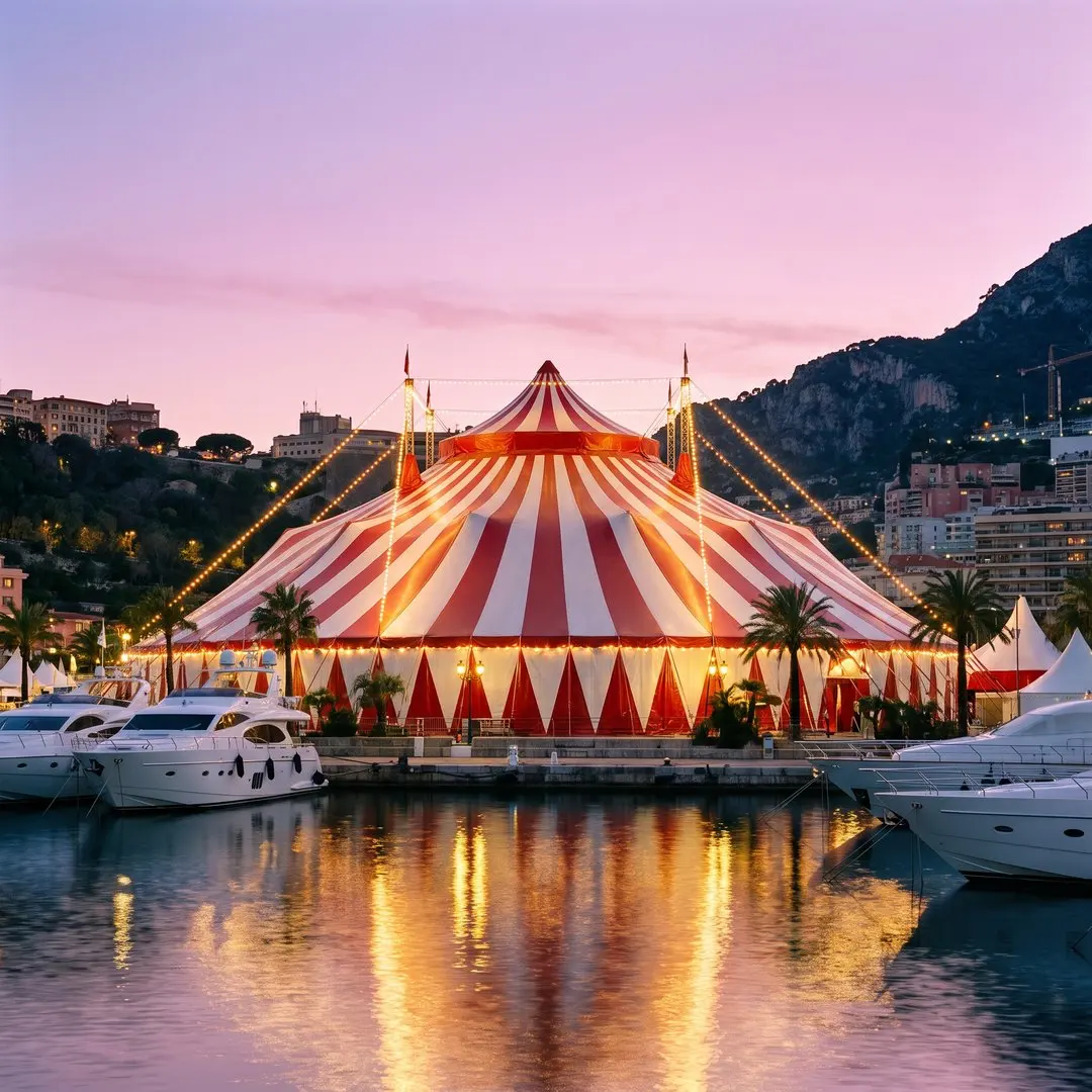 A red and white striped circus big top glowing with warm lights at dusk beside the Fontvieille marina in Monaco, palm trees, moored yachts and a pink and violet winter sky