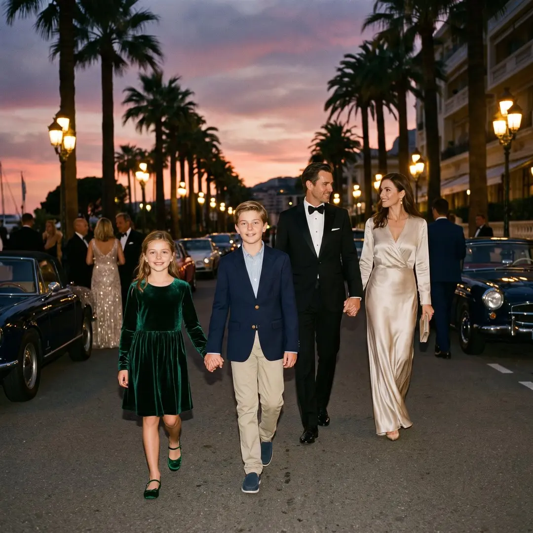 A girl of about ten in a dark green velvet dress and a boy of about thirteen in a navy blazer walking hand in hand with their elegant parents along a palm-lined Monaco street at dusk, warm street lights