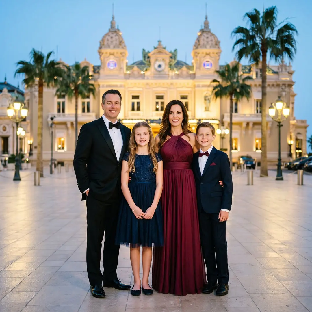 A smiling family of four in evening wear, the parents in a tuxedo and a long burgundy dress, a girl and a boy beside them, posing on the Place du Casino in Monte-Carlo at dusk, palm trees and golden lights behind