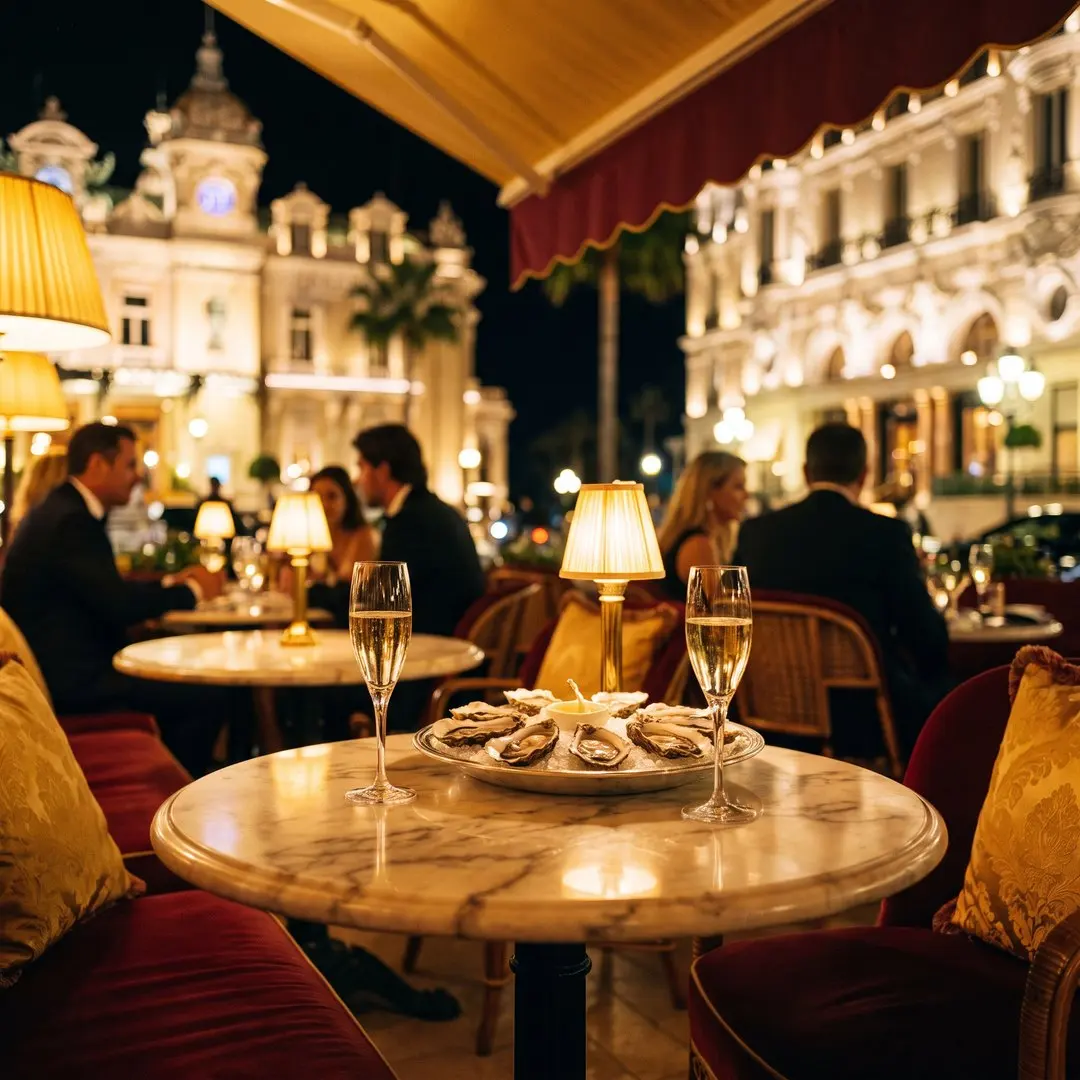 An elegant brasserie terrace on the Place du Casino in Monte-Carlo at night, warm lights, two glasses of champagne and a small plate of oysters on a marble table