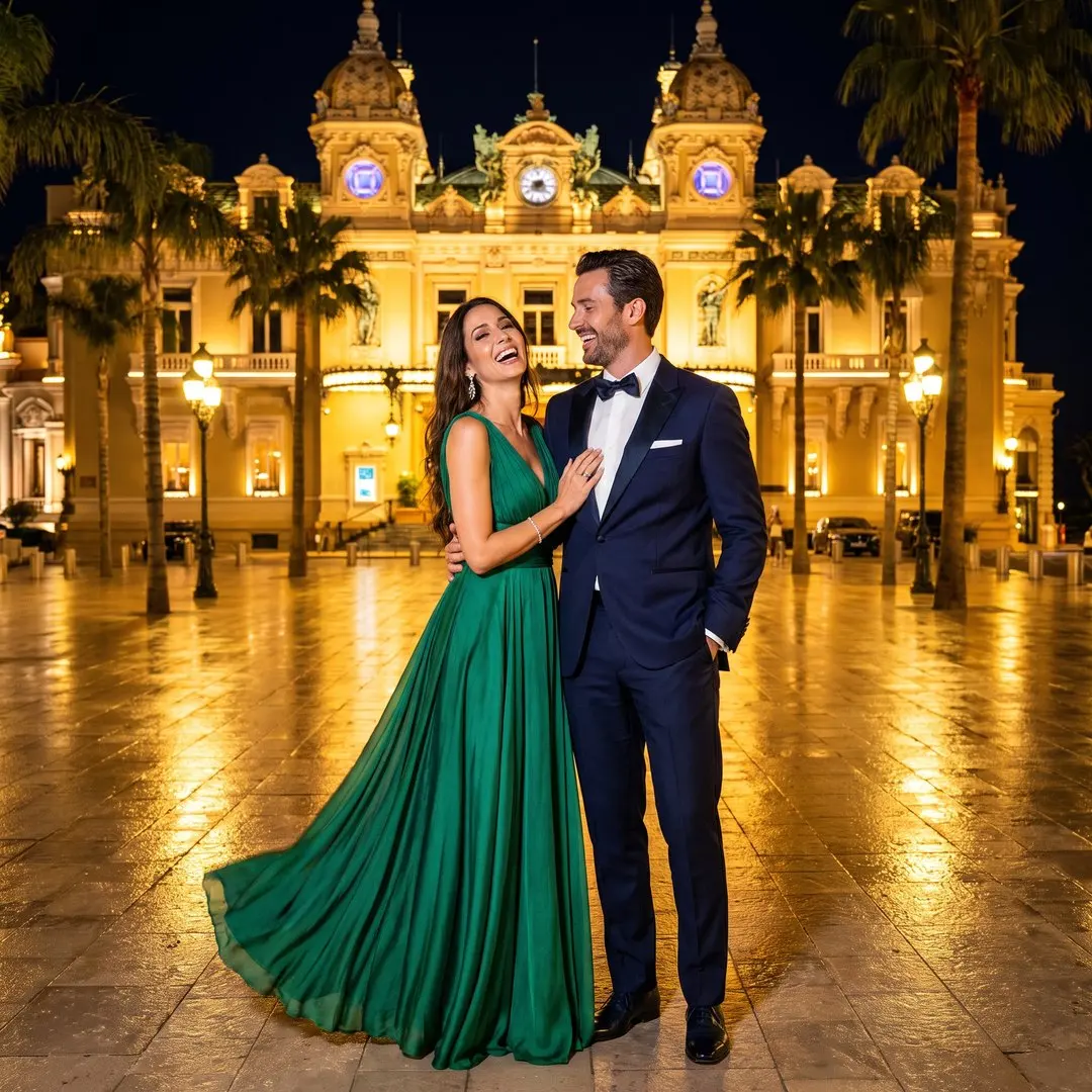 A smiling couple in evening wear, she in a long emerald dress, he in a navy dinner jacket, posing on the Place du Casino in Monte-Carlo at night with the lit Casino behind them