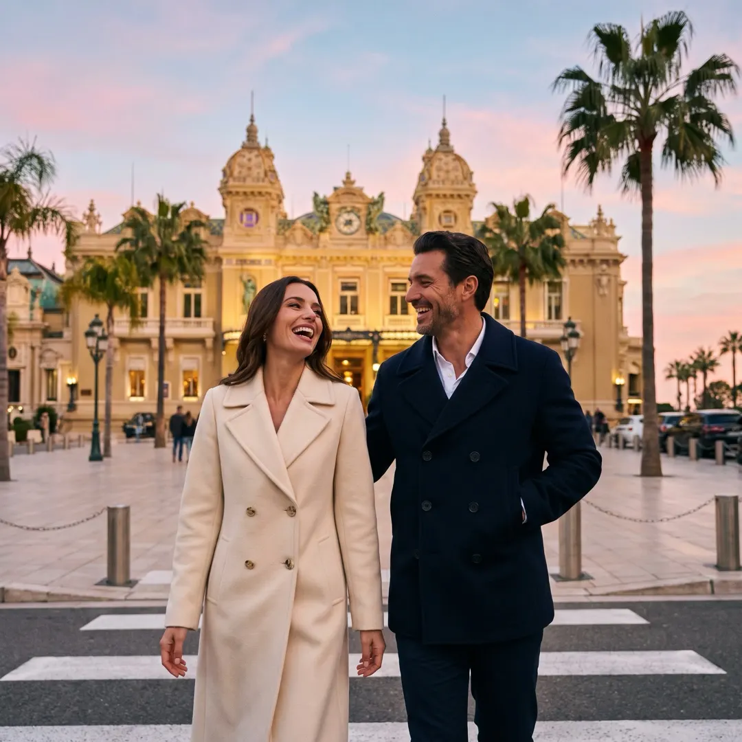 A smiling couple in elegant winter coats crossing the Place du Casino in Monte-Carlo at dusk, palm trees behind them