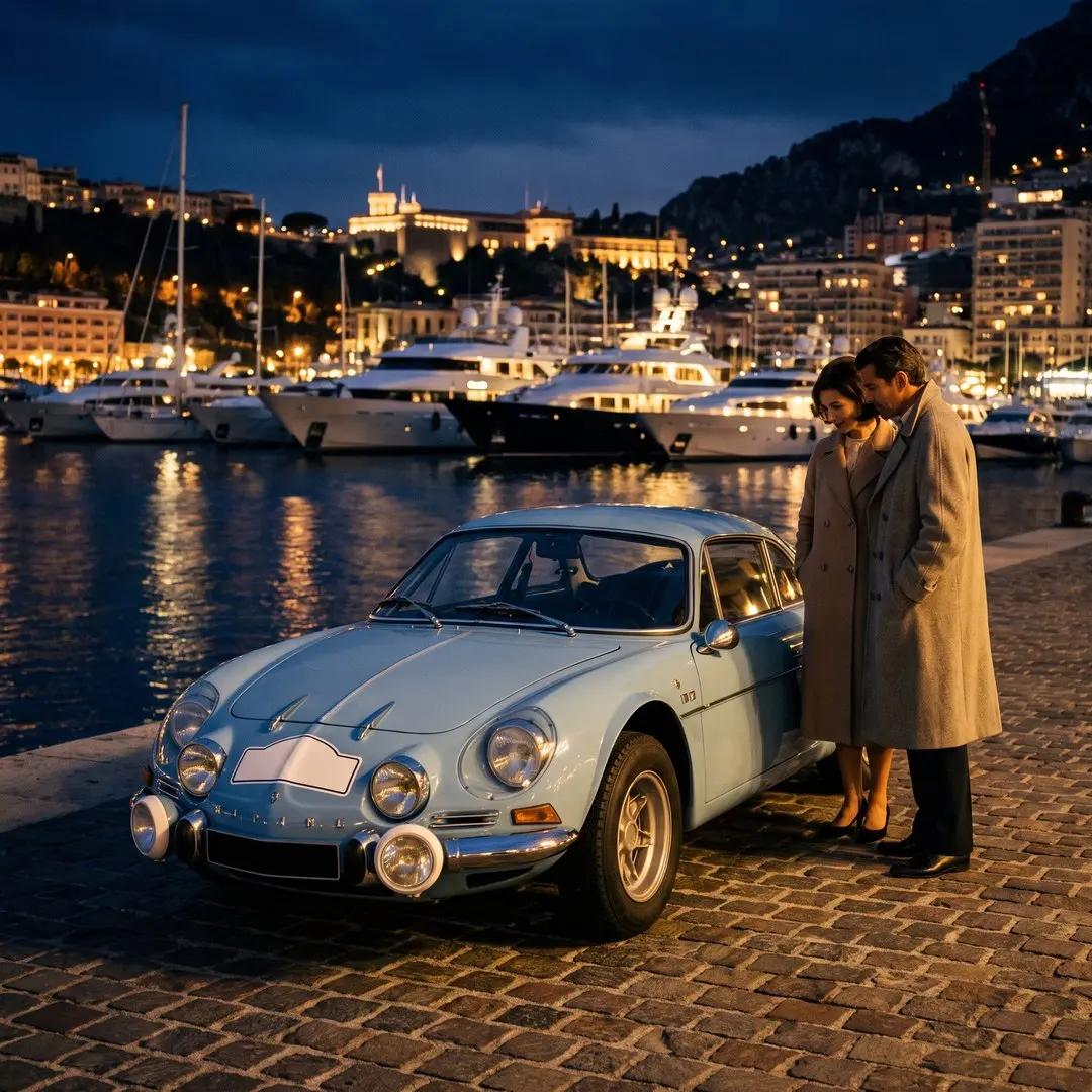 A pale blue 1960s rally coupé with round headlights and a rally plate without text parked on the Port Hercule quay in Monaco at night, lit yachts and the warm lights of Monte-Carlo behind, a couple in long wool coats admiring it