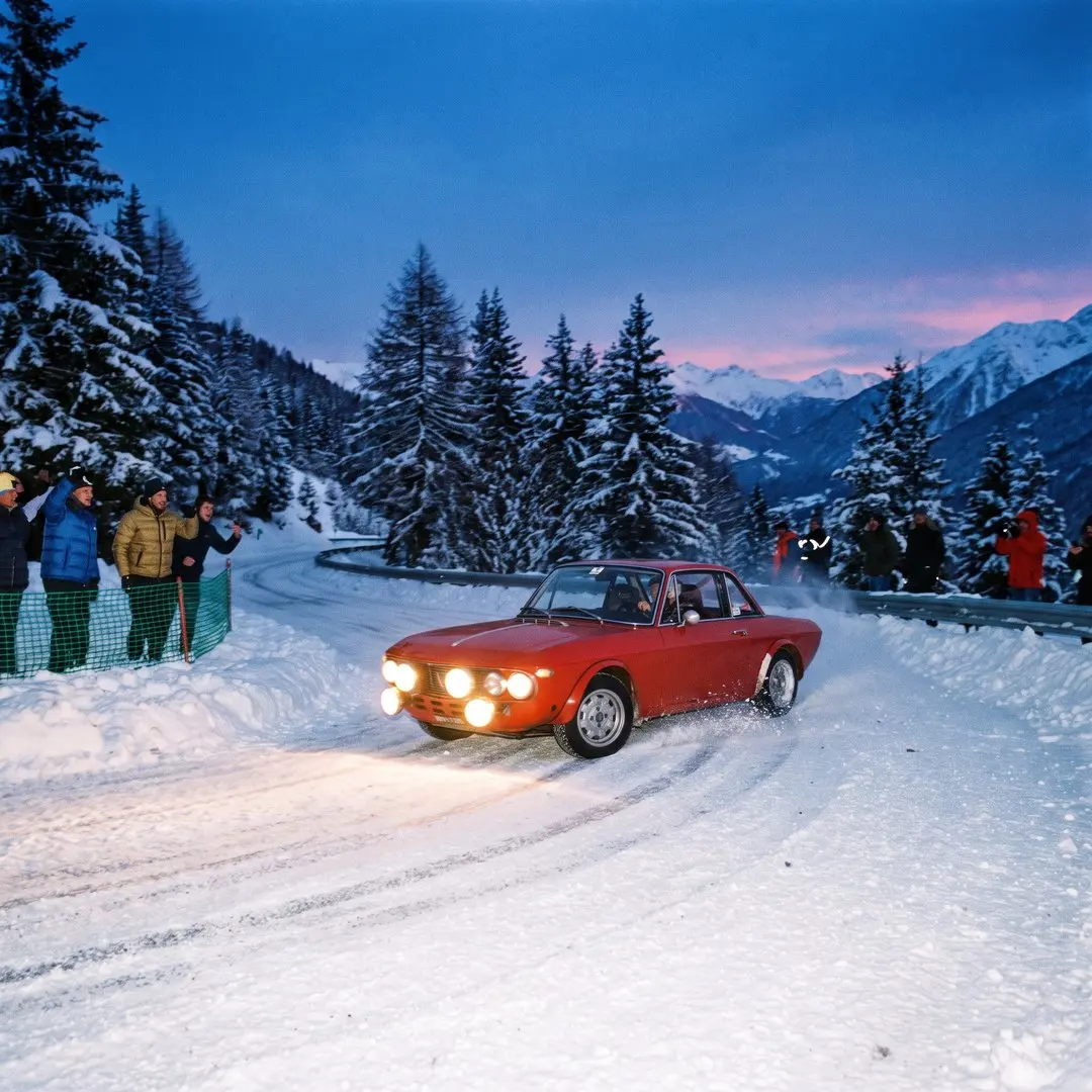 A classic red Italian rally coupé with twin spotlights climbing a snowy hairpin on a mountain pass at dusk, pine trees and a deep blue sky, spectators in down jackets behind green netting