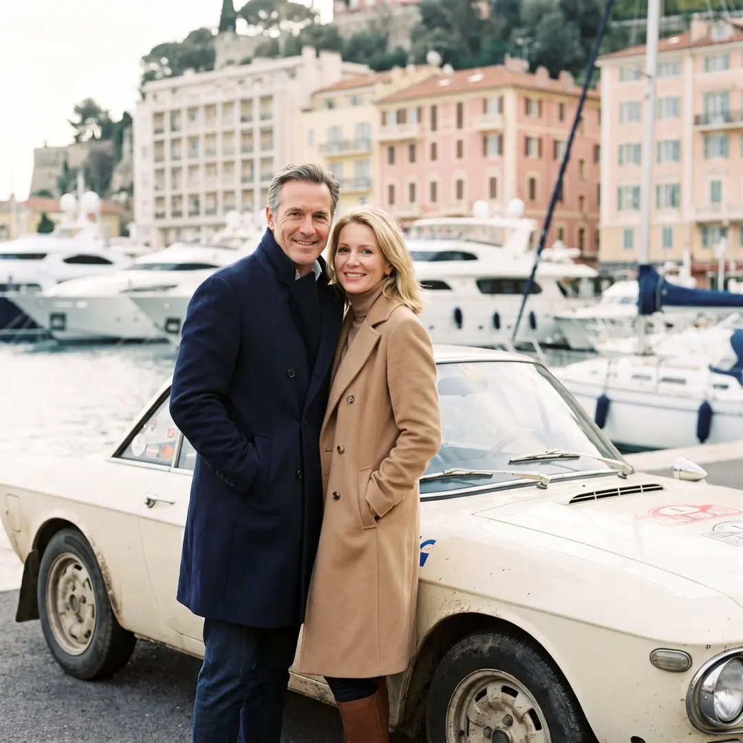 An elegant couple in camel and navy winter coats standing beside a cream 1960s rally car on a sunny Monaco harbourfront, yachts and pastel buildings behind, soft winter light and rich colours