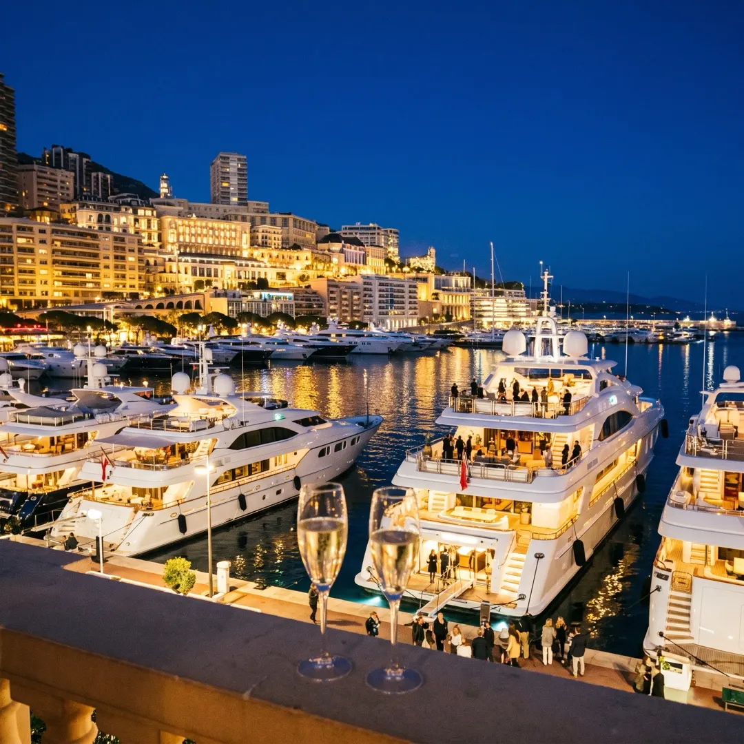 The Port Hercule in Monaco at blue hour, lit yachts and two glasses of champagne on a terrace balustrade