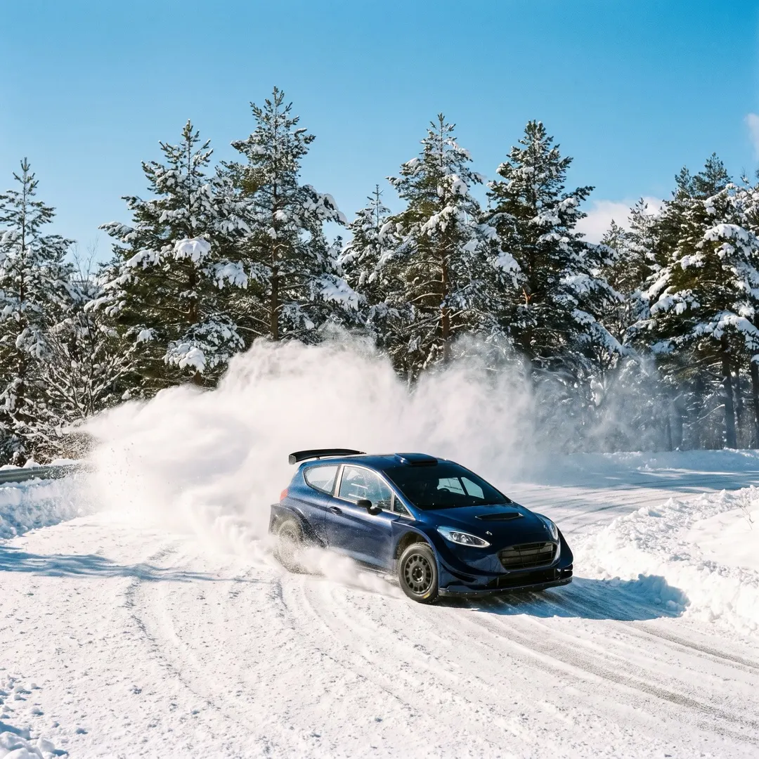 A dark blue rally car slides through a snowy hairpin under snow-covered pines and a bright winter sky