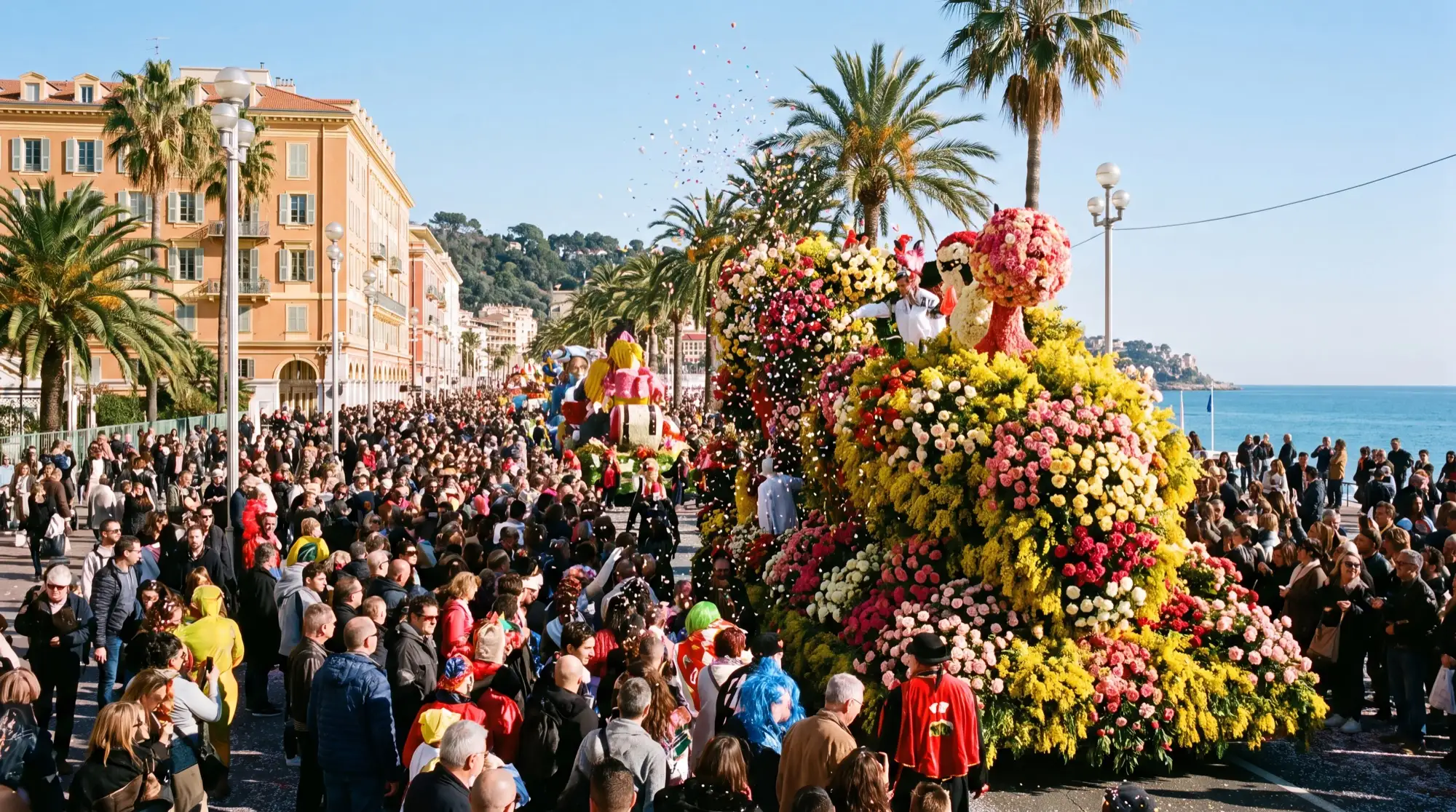Crowd on the Promenade des Anglais in Nice during a winter afternoon parade