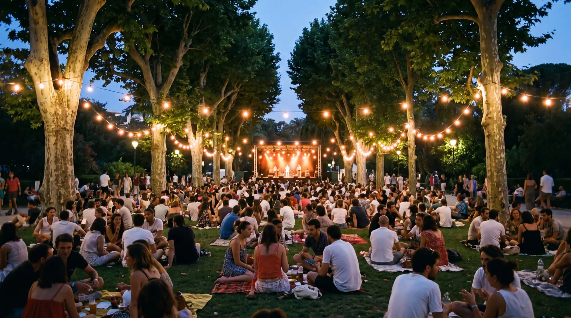 Summer evening in the gardens of central Nice during the jazz festival