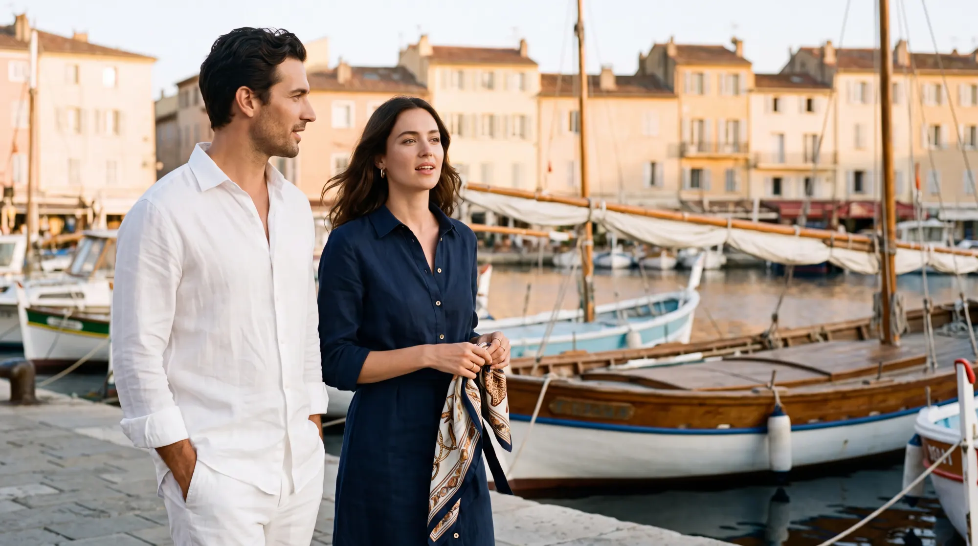A couple in white linen and navy on the quay of the old harbour of Saint-Tropez, wooden fishing boats behind them