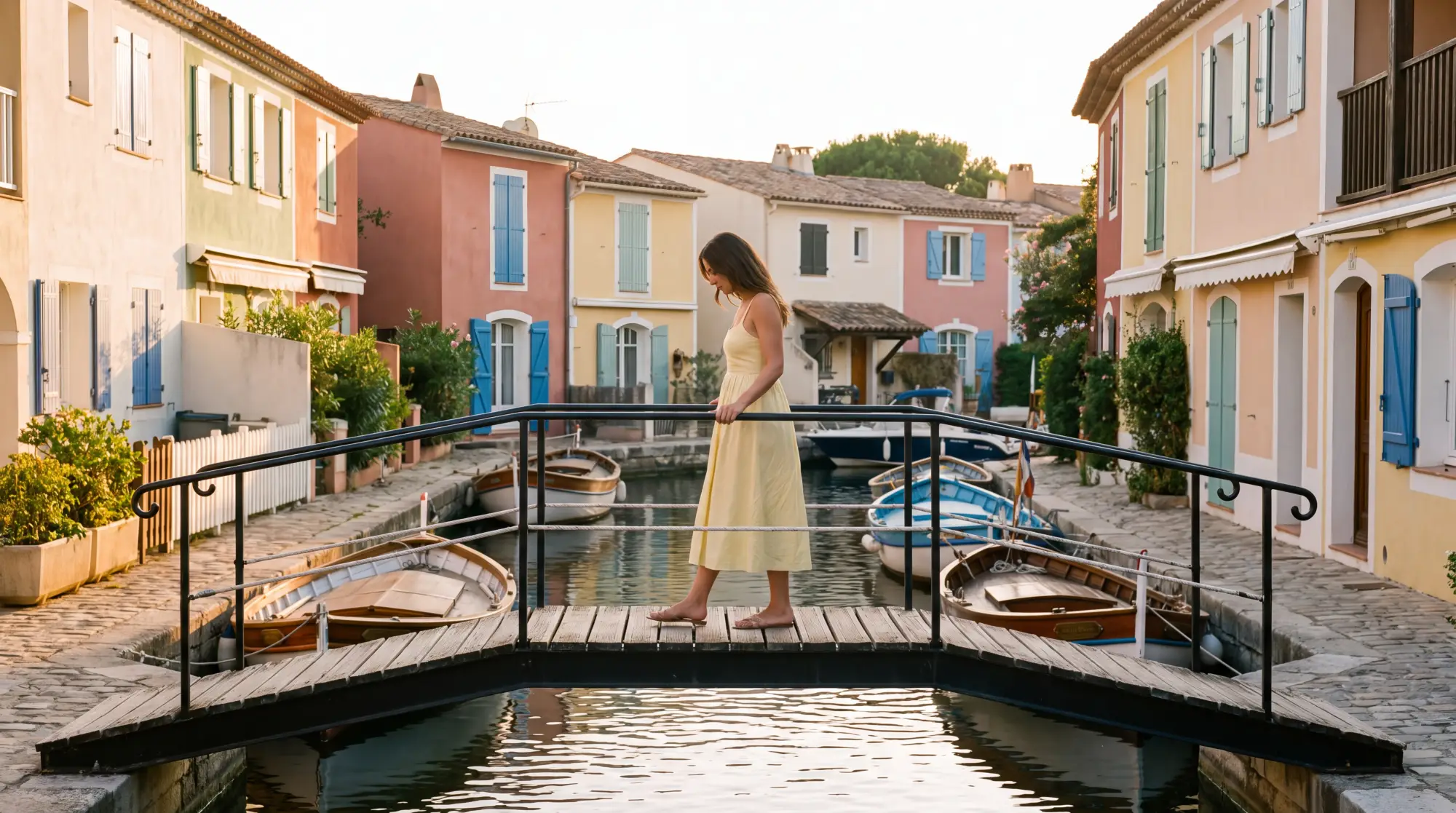 A woman in a pale yellow summer dress crossing a small footbridge over a canal in Port Grimaud