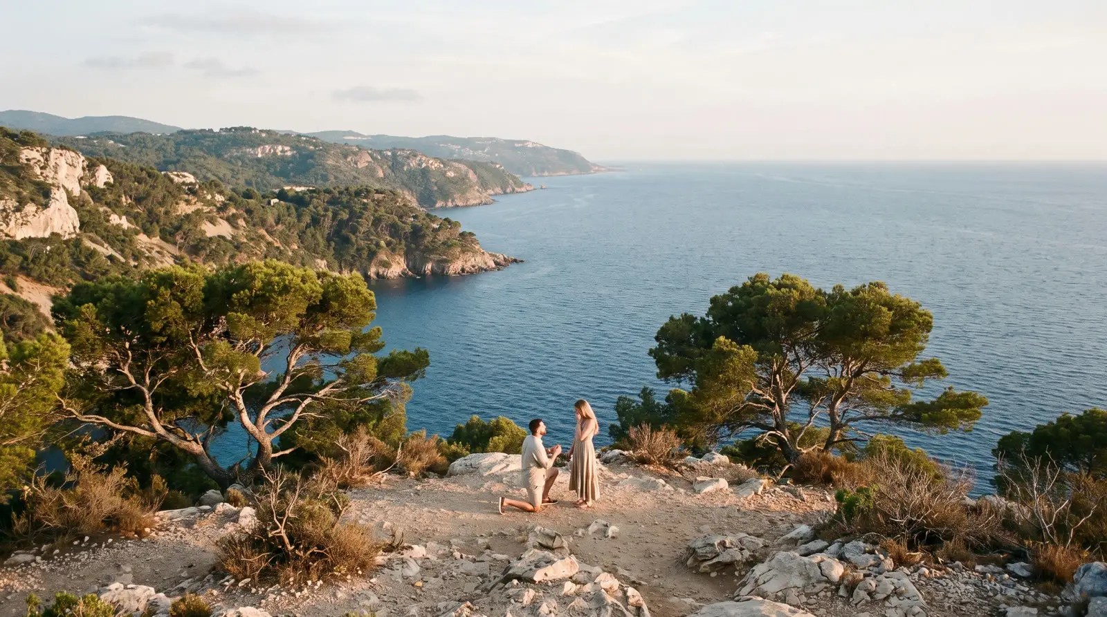 Proposal photographed at golden hour on the French Riviera coast