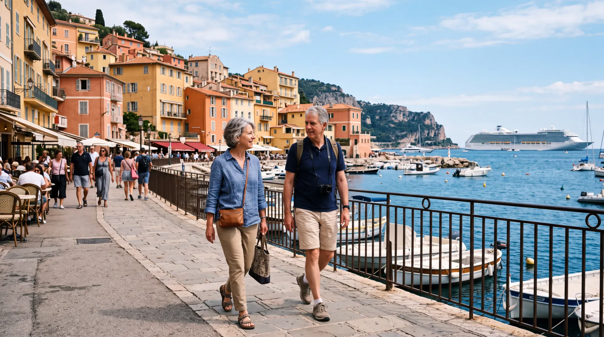 Couple photographed on the waterfront of Villefranche-sur-Mer during a French Riviera cruise call