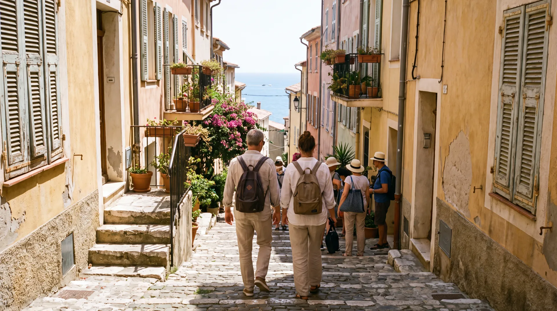Couple walking a narrow old town lane on the French Riviera