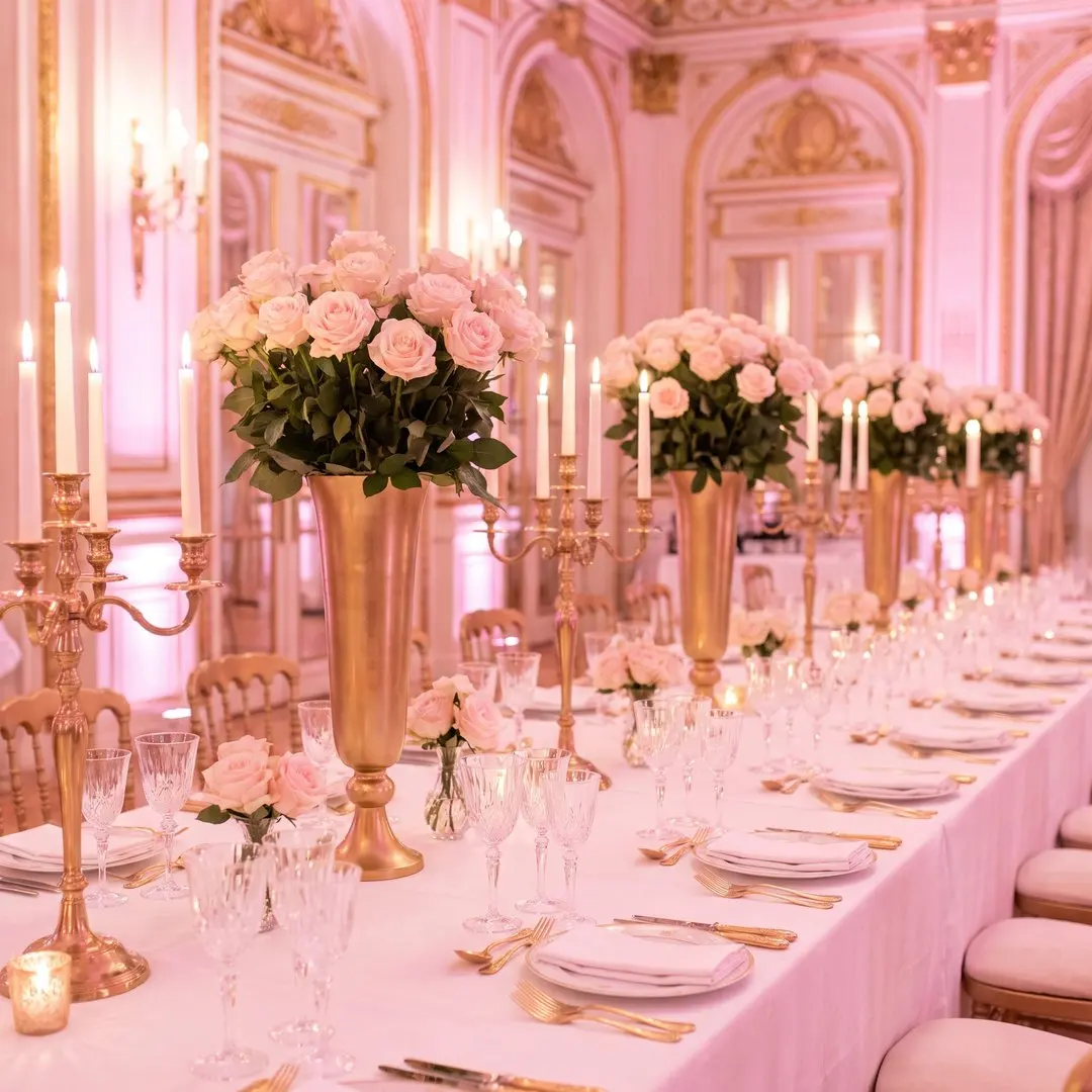 A long table set for a gala dinner under soft pink light, with tall arrangements of pale pink roses, crystal glasses and candles