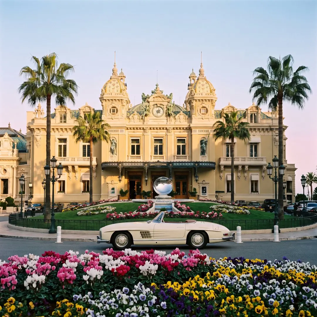 The Place du Casino in Monte-Carlo in warm late afternoon light, the Belle Époque casino facade, palm trees and a vintage convertible parked in front