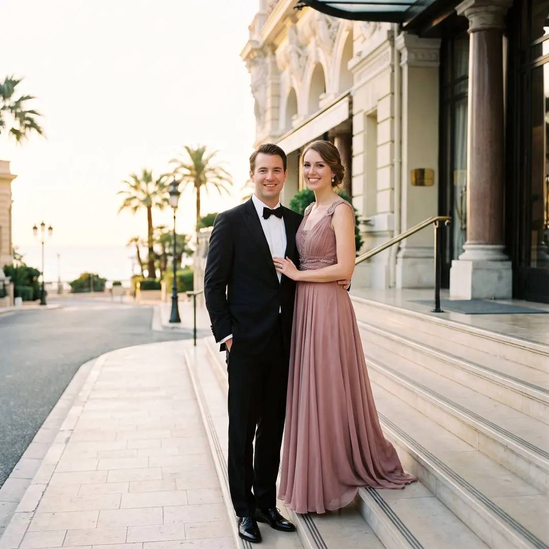 A smiling couple in black tie and a long rose-pink evening gown on the steps of a grand Belle Époque hotel in Monte-Carlo at golden hour