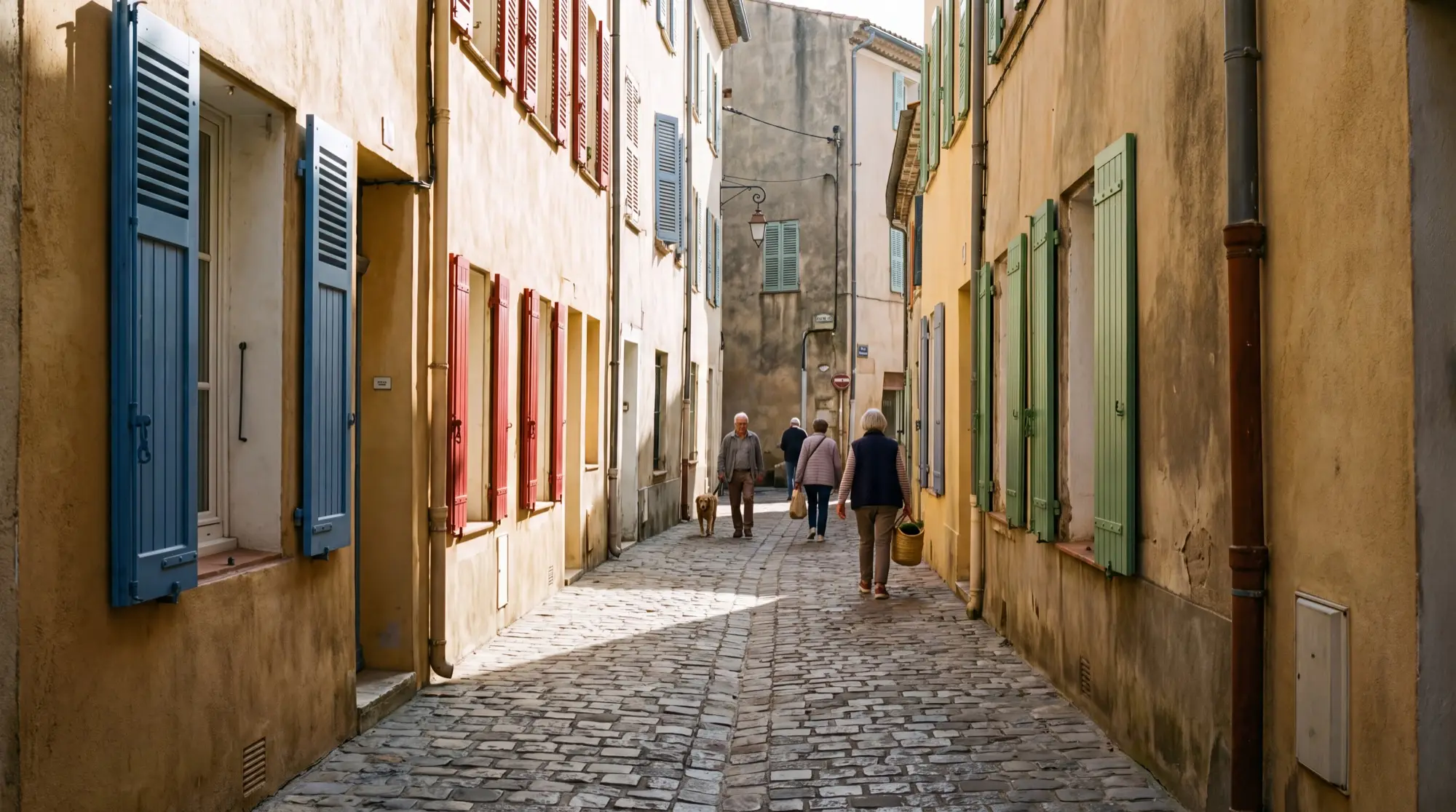 The narrow ochre streets of Saint-Tropez village in spring light