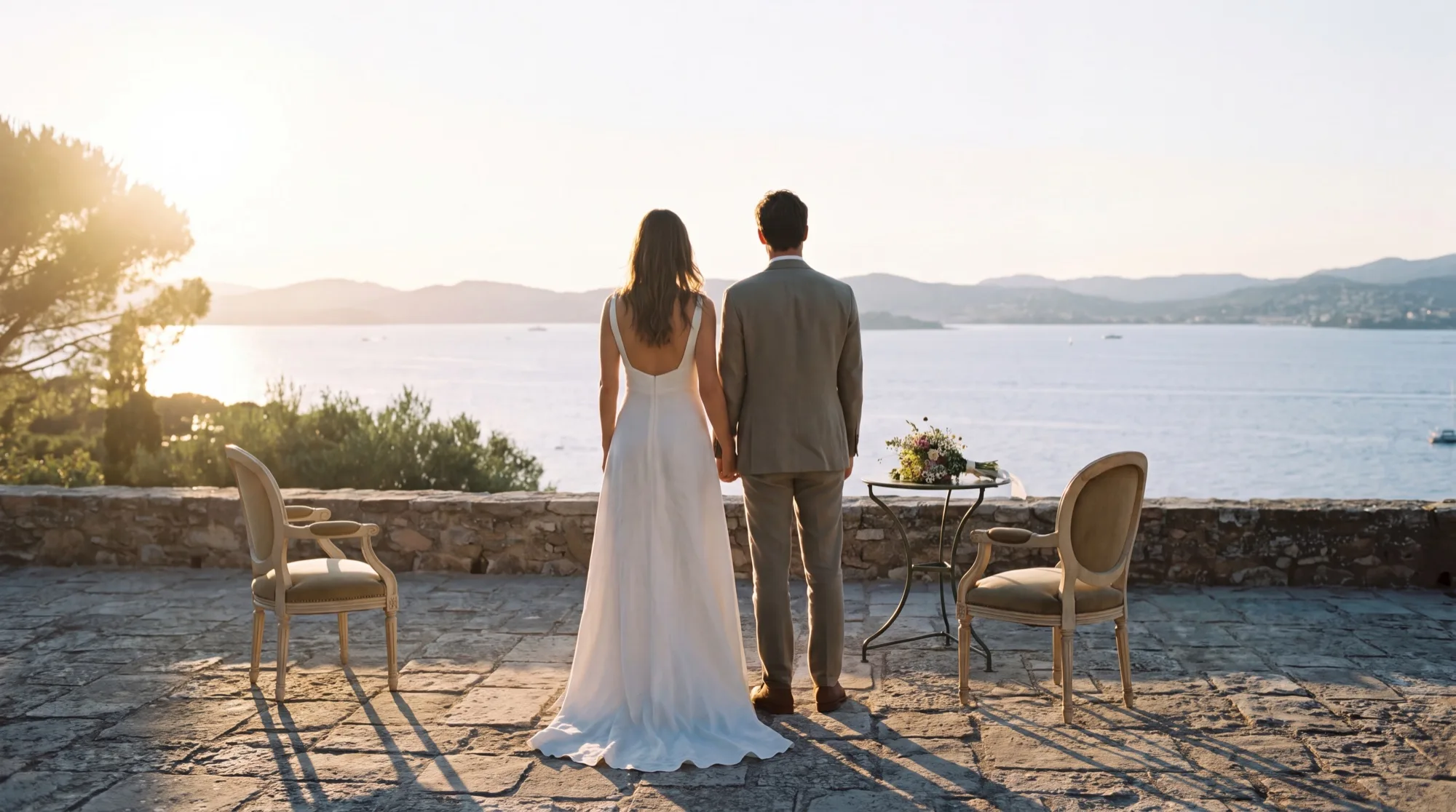 An elopement ceremony for two on a stone terrace above the Bay of Saint-Tropez