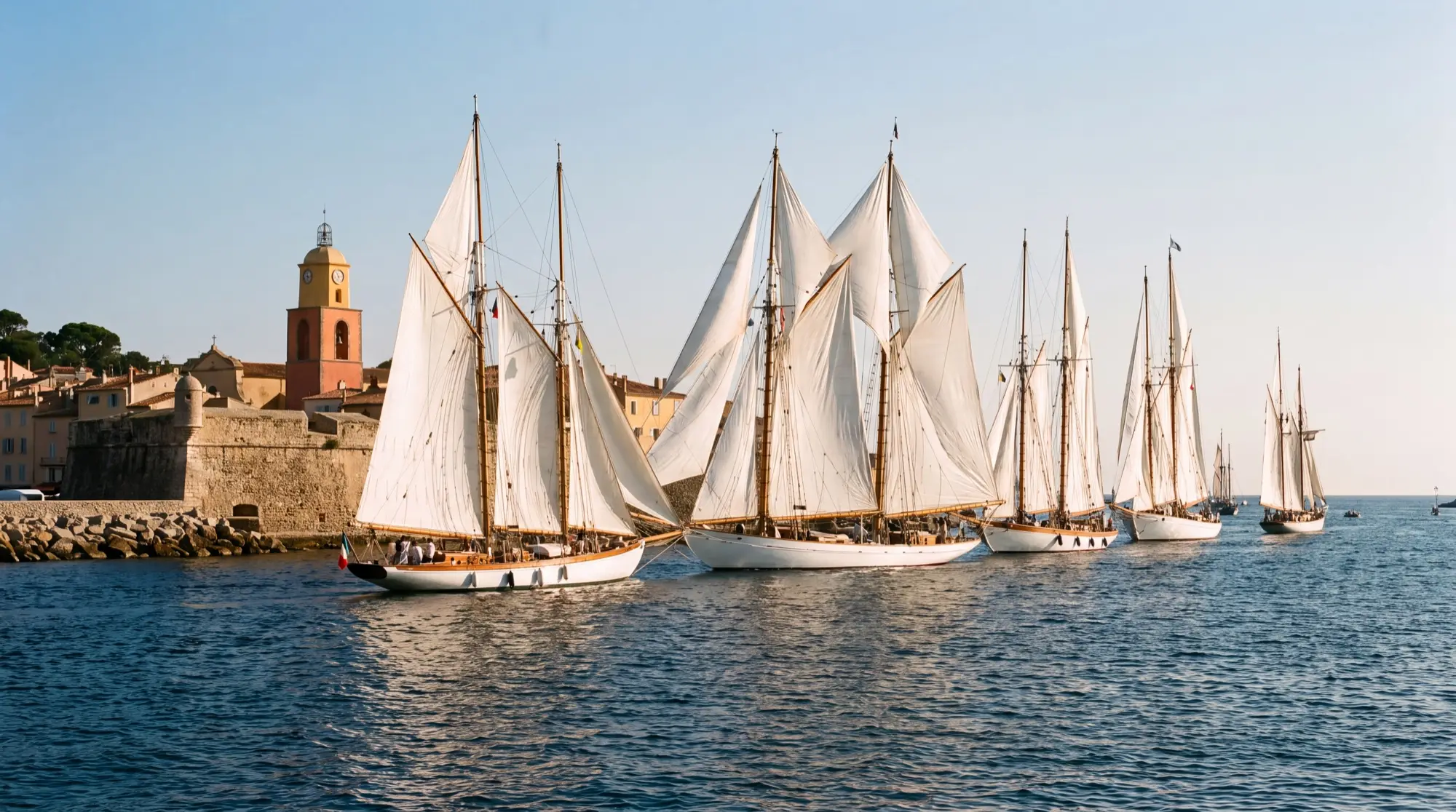 Sailing yachts leaving the old port of Saint-Tropez in autumn light