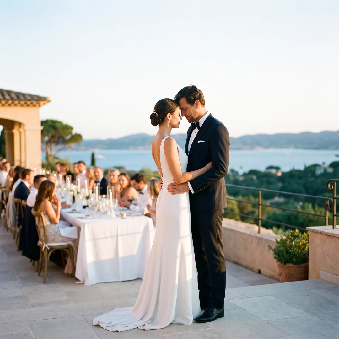 A bride and groom on a villa terrace above the Gulf of Saint-Tropez in warm evening light, guests blurred at a long table behind them