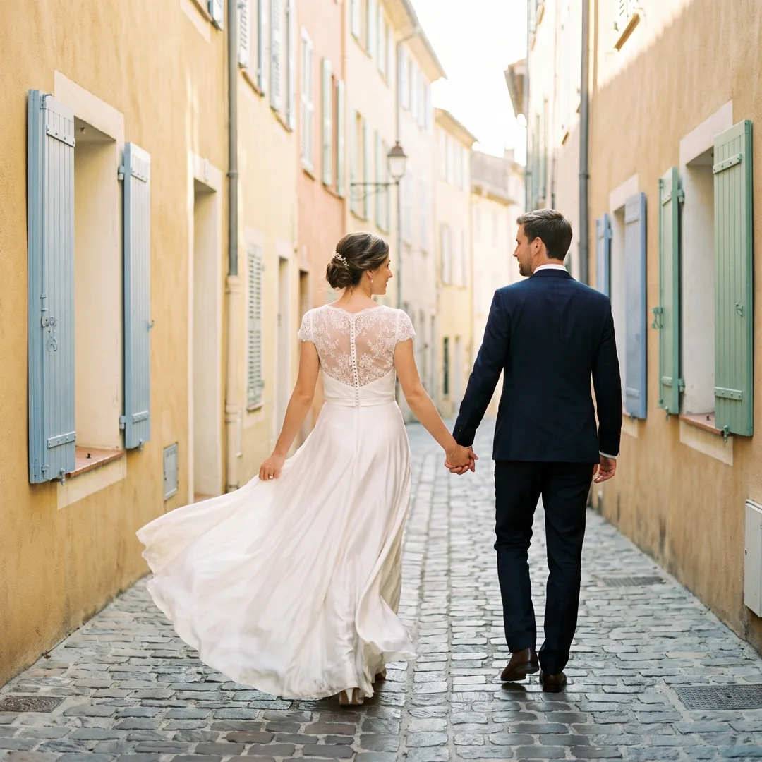 A newly married couple walking hand in hand through a narrow ochre lane with pastel shutters in the old quarter of Saint-Tropez