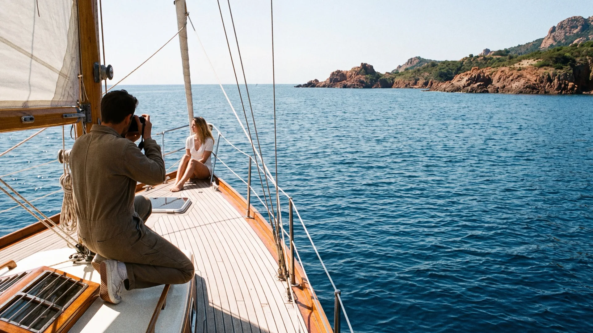 A photographer kneeling on the deck of a wooden sailing boat to photograph a woman at the bow
