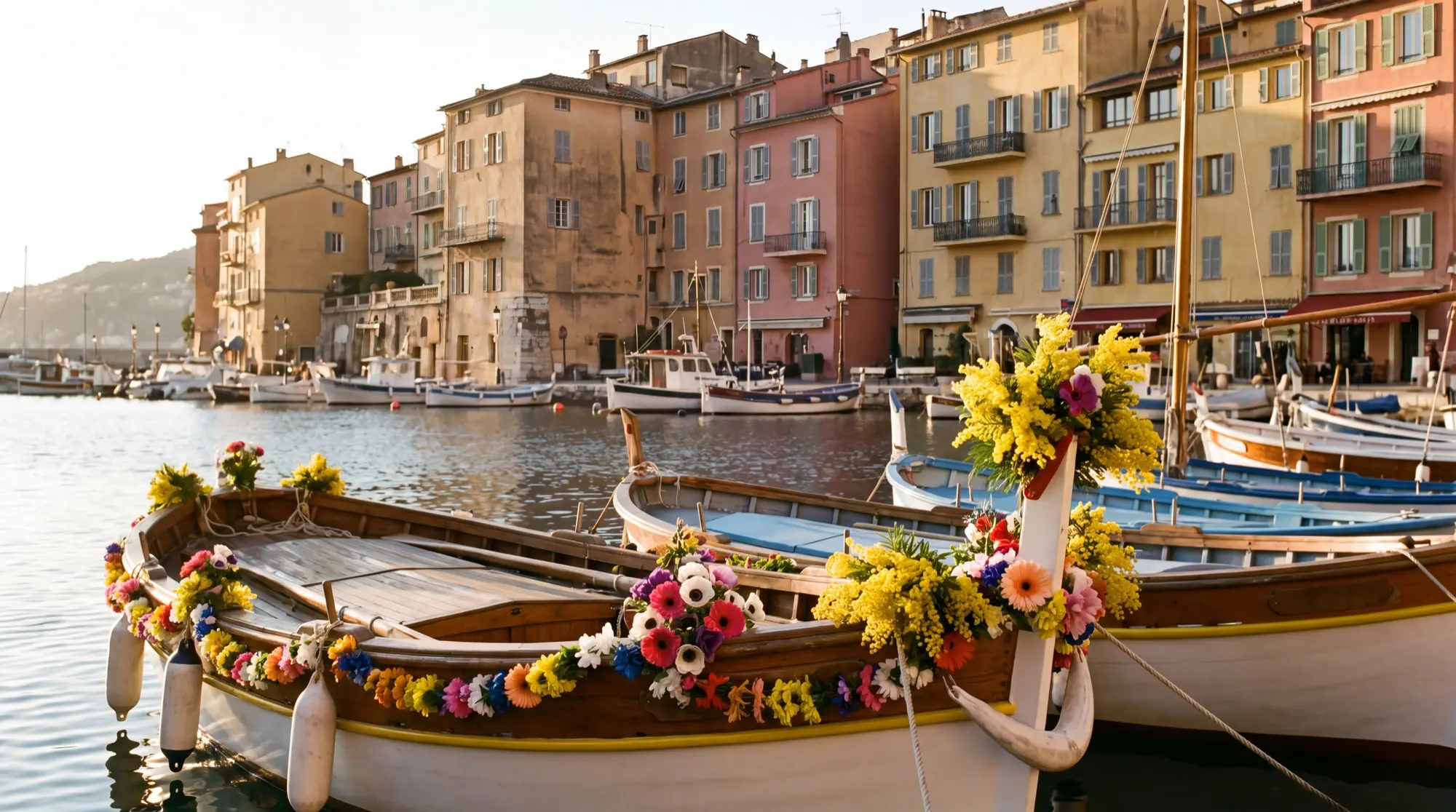 Wooden fishing boats in the harbour of Villefranche-sur-Mer below the old town