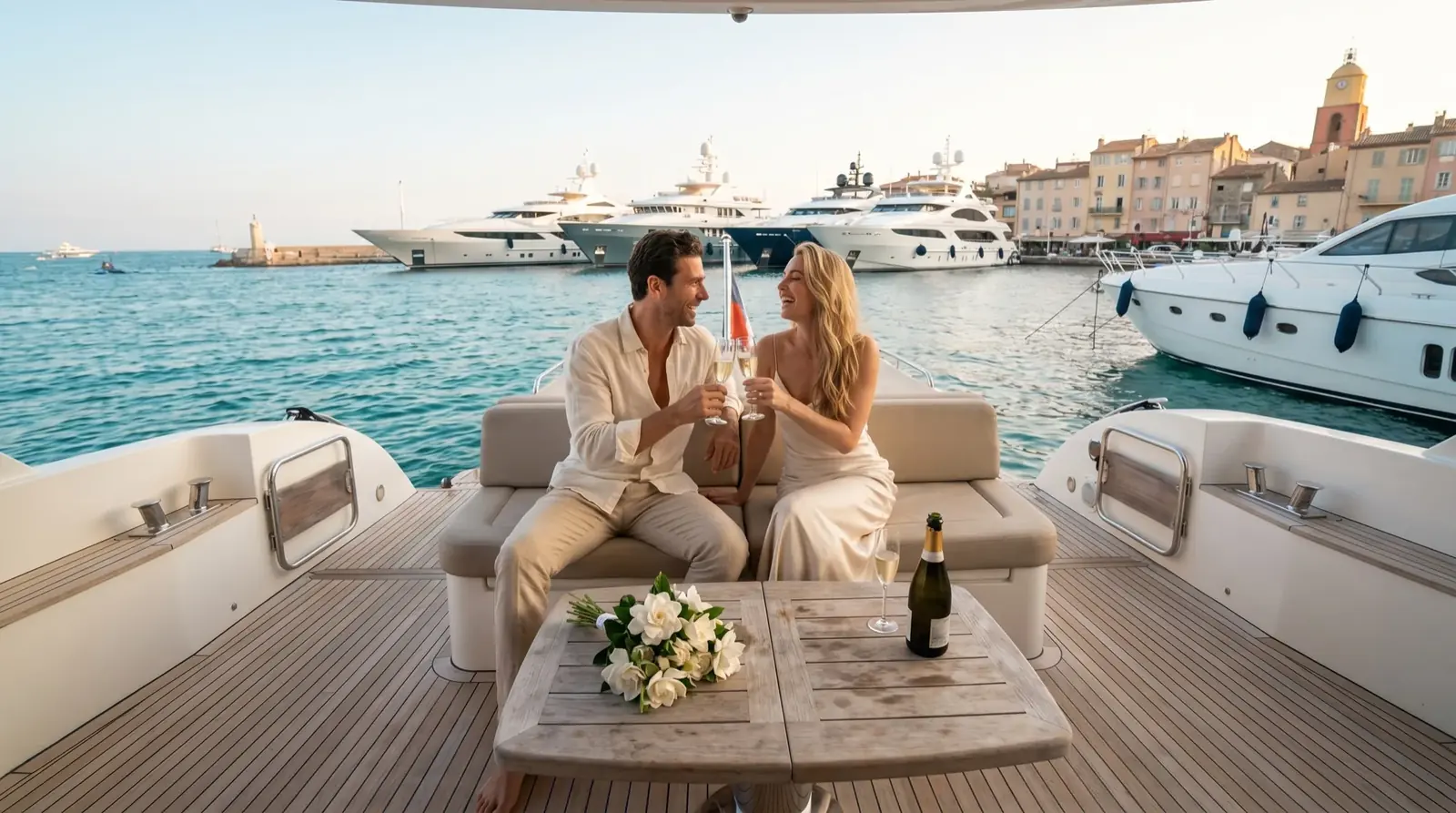 Yacht au mouillage sur la Côte d'Azur en fin de journée
